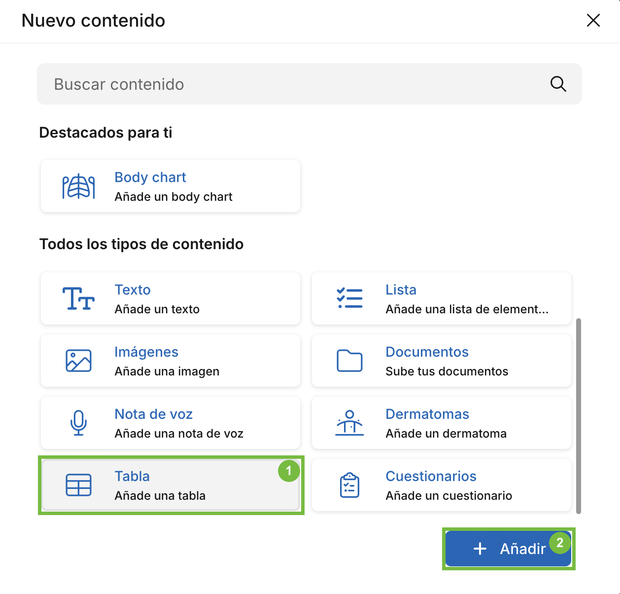Ventana Nuevo contenido de la historia clínica con el tipo Tabla seleccionado en Archivex