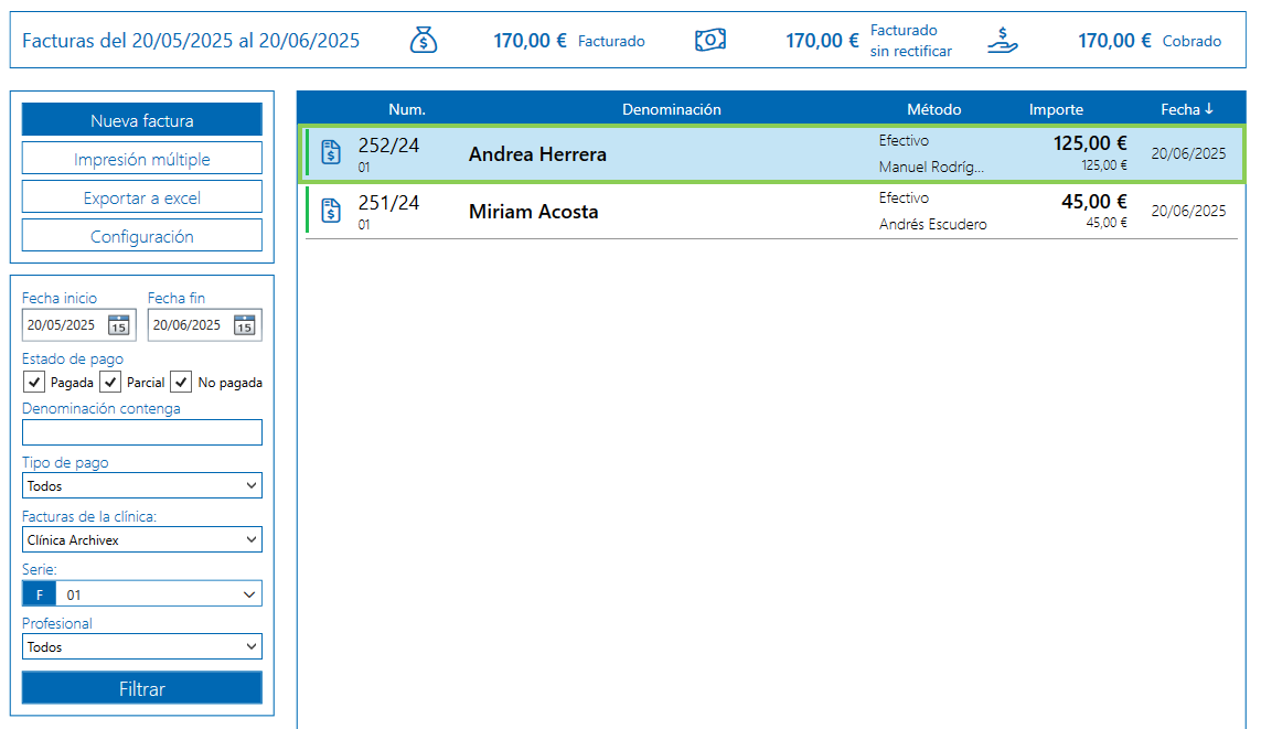 Listado de facturas Archivex