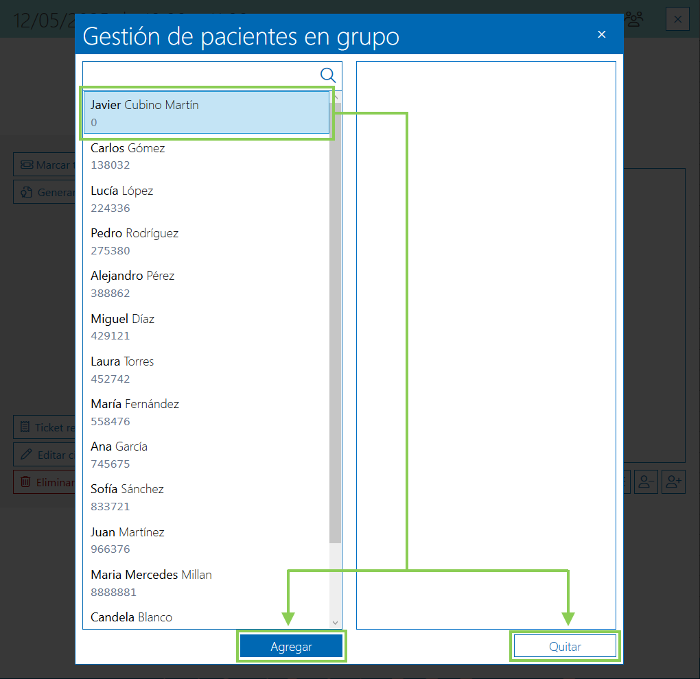 Opción agregar o quitar paciente en clases grupales en Archivex