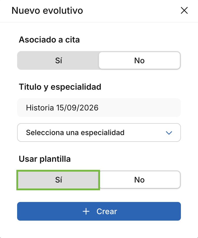 Ventana Nuevo evolutivo de Archivex con la opción Usar plantilla marcada en Sí