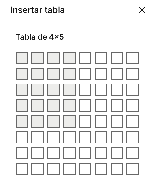Diálogo Insertar tabla de Archivex con una cuadrícula de 4x5 marcada