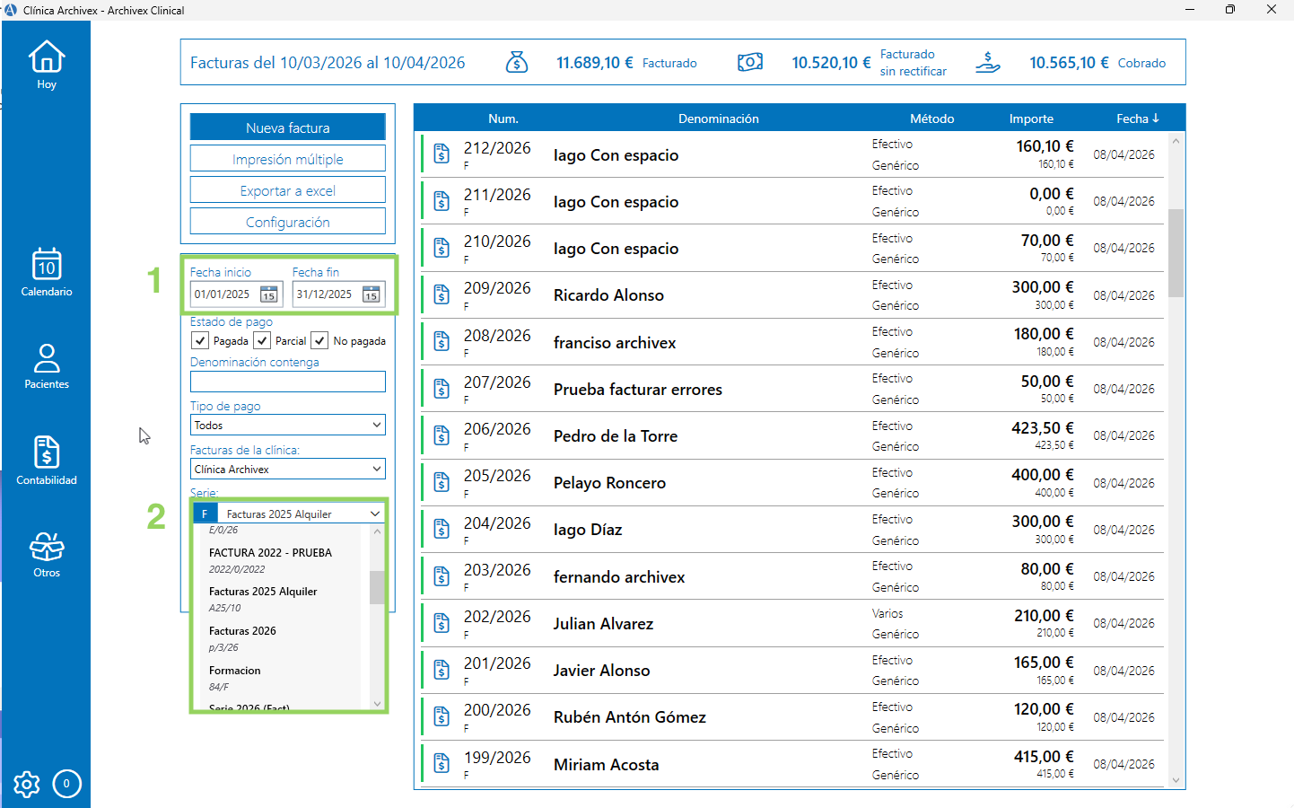 dónde puedo ver mi facturación años anteriores en Archivex 1