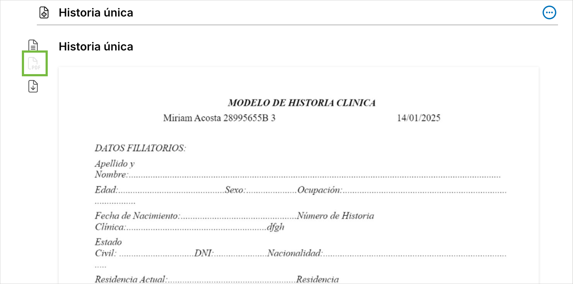 El mismo bloque Historia única en vista PDF, paginado, tras pulsar el botón Vista PDF en Archivex