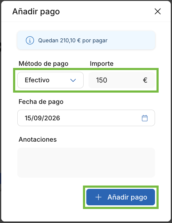 Ventana "Añadir pago" de Archivex con el método de pago y el importe señalados