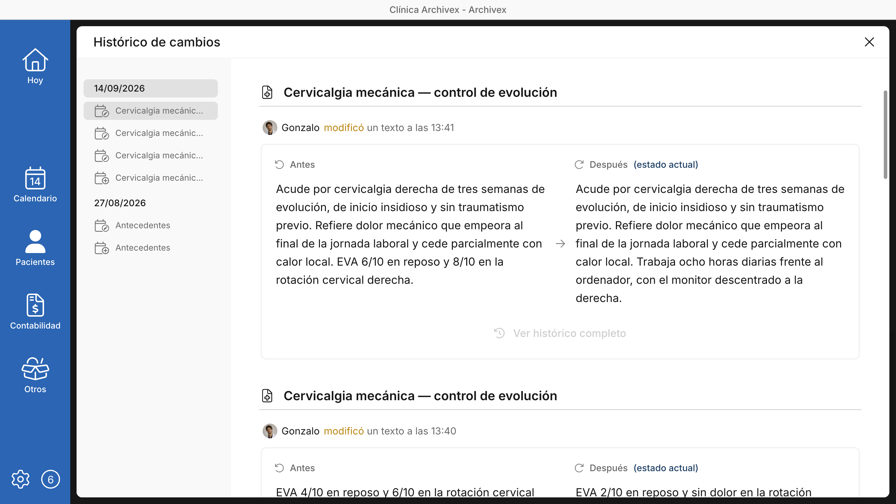 Histórico de cambios de la historia clínica