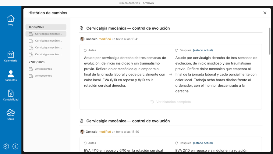Histórico de cambios de la historia clínica