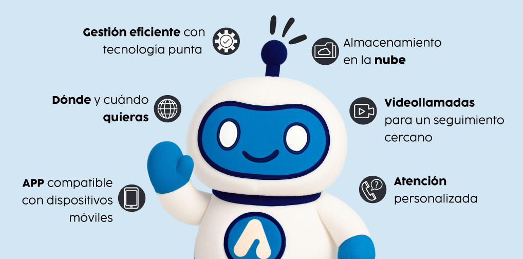 Mujer pelirroja sonriente mostrando en su ordenador el body chart del software Archivex con textos alrededor que muestran las ventajas de usar el software.