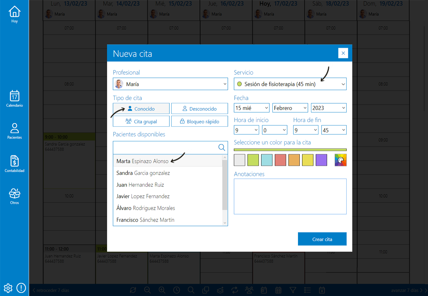 Crear una cita nueva en Archivex software de gestion clinica